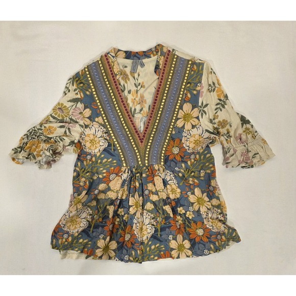 Blank London Woman's Green Floral Print Bohemian 1/2 Sleeve Top. Size XS - Picture 2 of 5